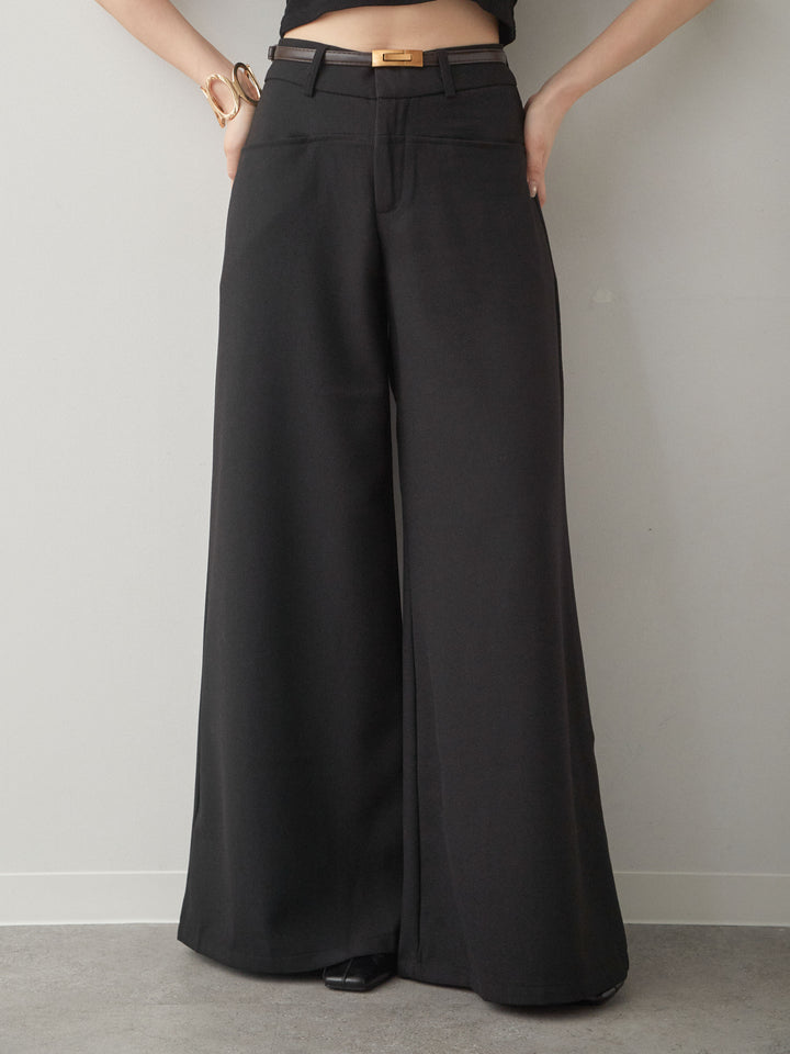 [予約]ベルト付ポケットデザインワイドストレートパンツ/black