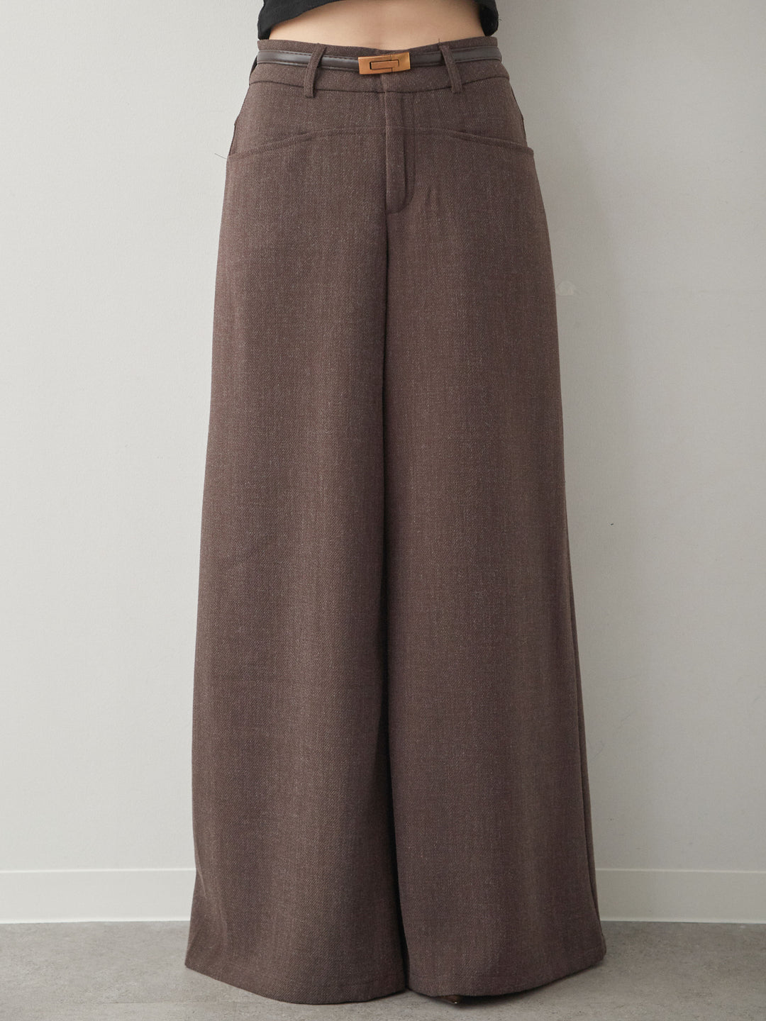 [予約]ベルト付ポケットデザインワイドストレートパンツ/brown