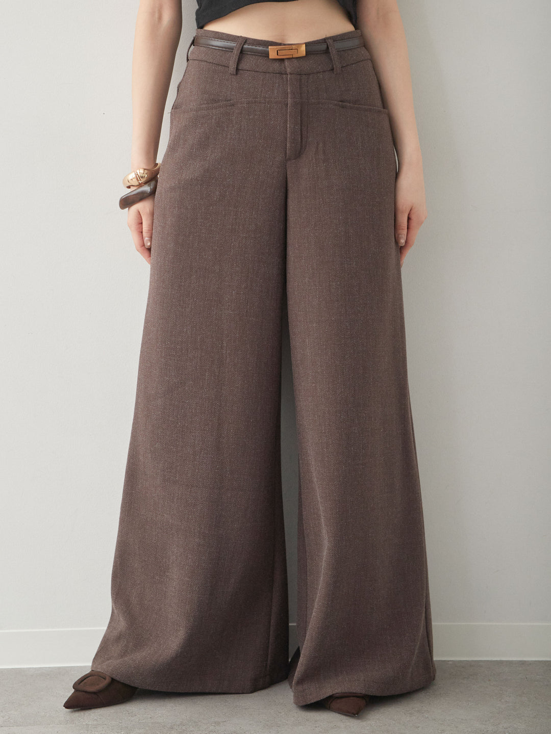 [予約]ベルト付ポケットデザインワイドストレートパンツ/brown