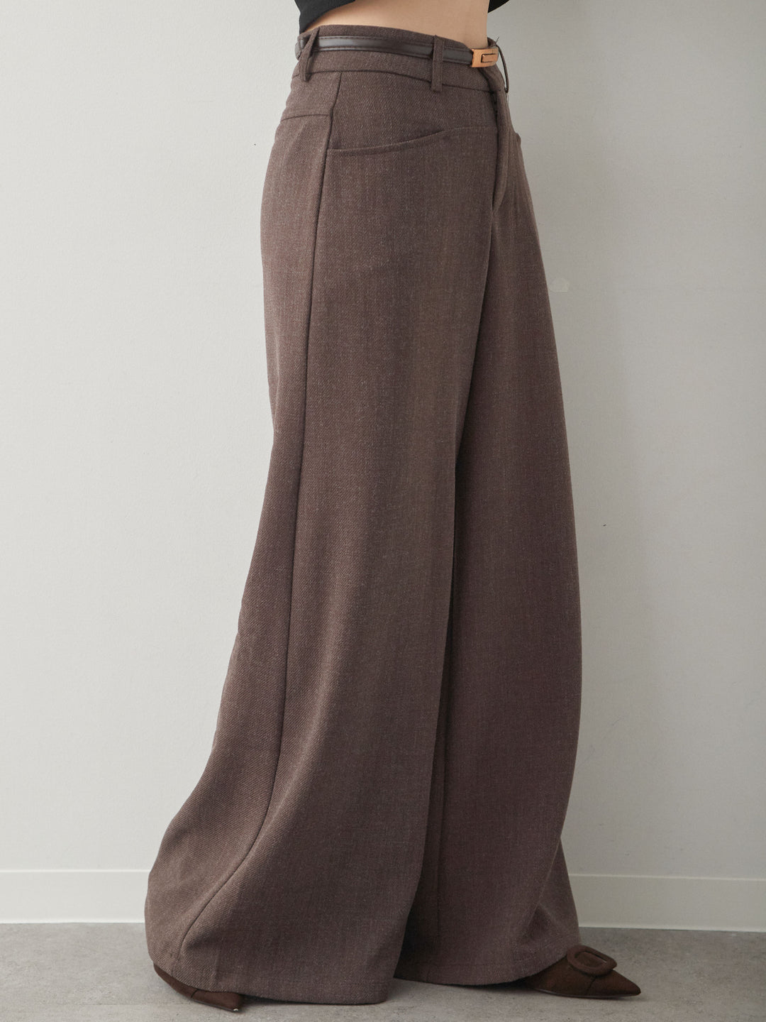 [予約]ベルト付ポケットデザインワイドストレートパンツ/brown