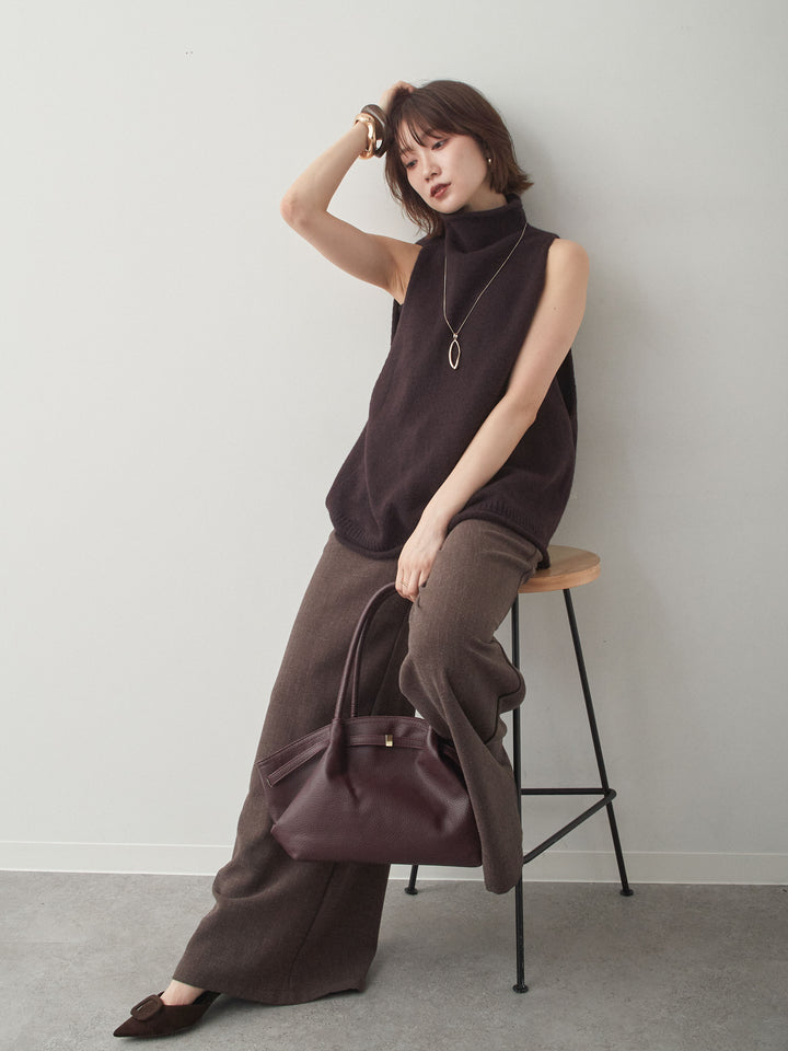 [SET]ハイネックアメスリワイドニットベスト+ベルト付ポケットデザインワイドストレートパンツ(2set)