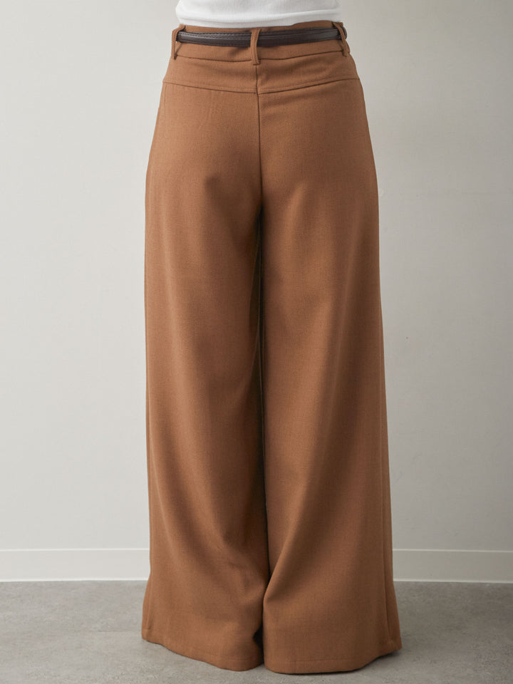 [予約]ベルト付ポケットデザインワイドストレートパンツ/camel