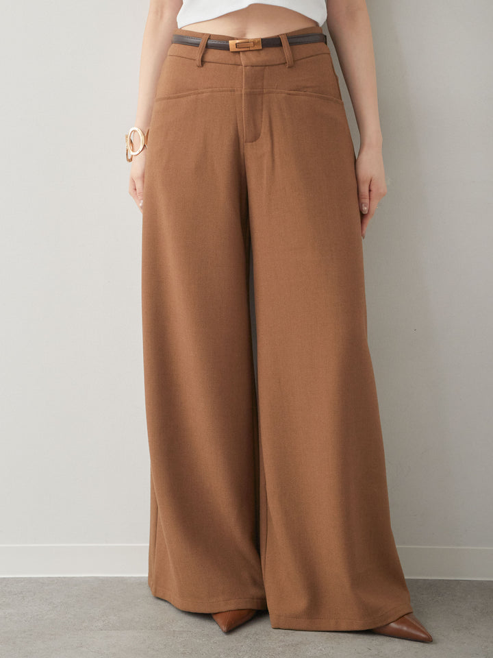 [予約]ベルト付ポケットデザインワイドストレートパンツ/camel