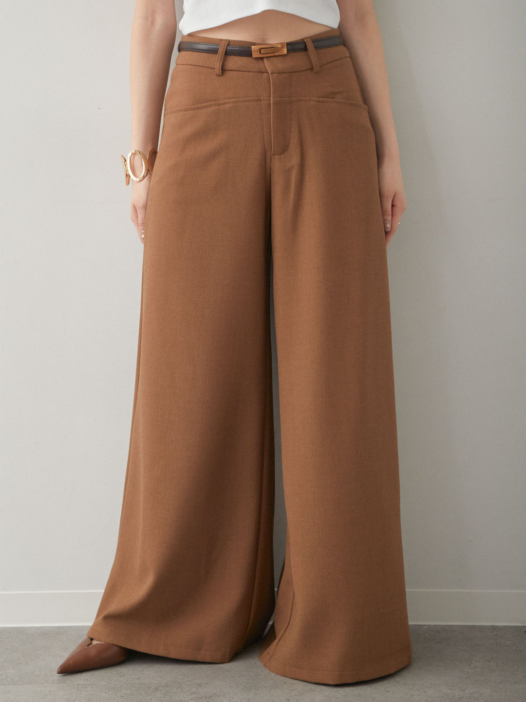 [予約]ベルト付ポケットデザインワイドストレートパンツ/camel
