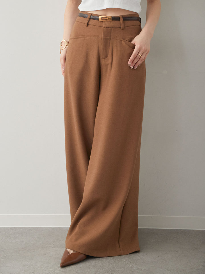 [予約]ベルト付ポケットデザインワイドストレートパンツ/camel