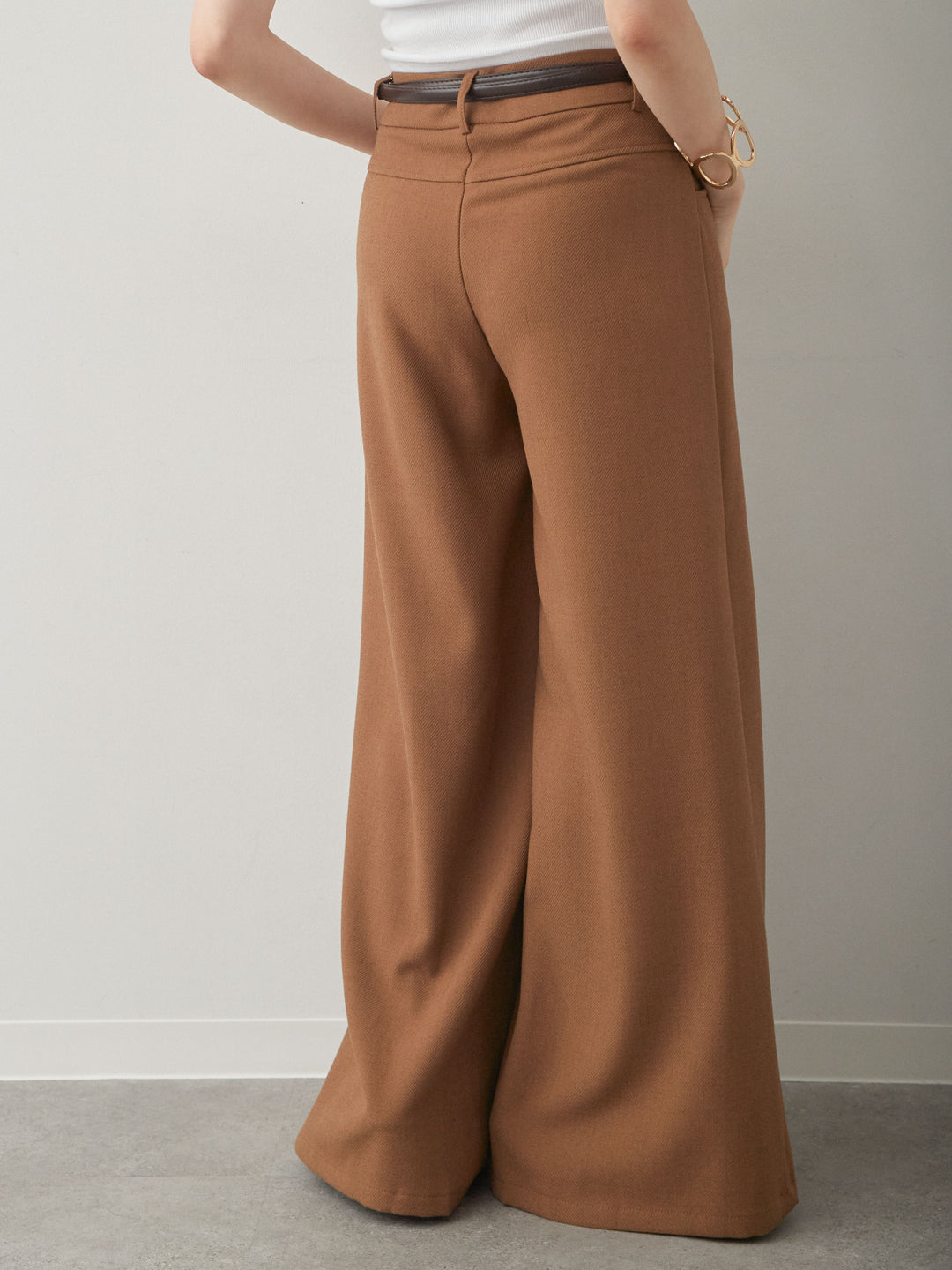 [予約]ベルト付ポケットデザインワイドストレートパンツ/camel