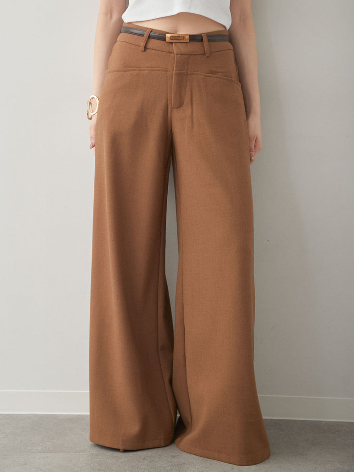 [予約]ベルト付ポケットデザインワイドストレートパンツ/camel