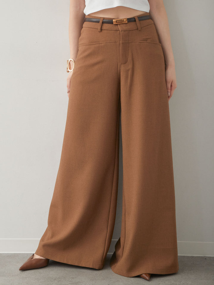 [予約]ベルト付ポケットデザインワイドストレートパンツ/camel