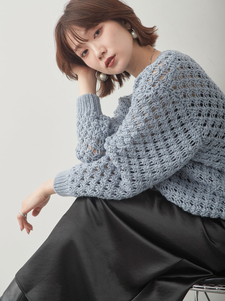 [SET]透かし編みニットプルオーバー+サテンIラインスカート(2set)