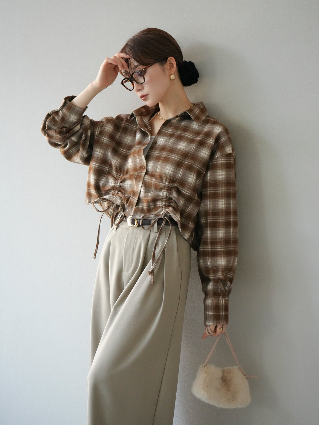 [予約]ドロストクロップネルチェックドシャツ/シナモン