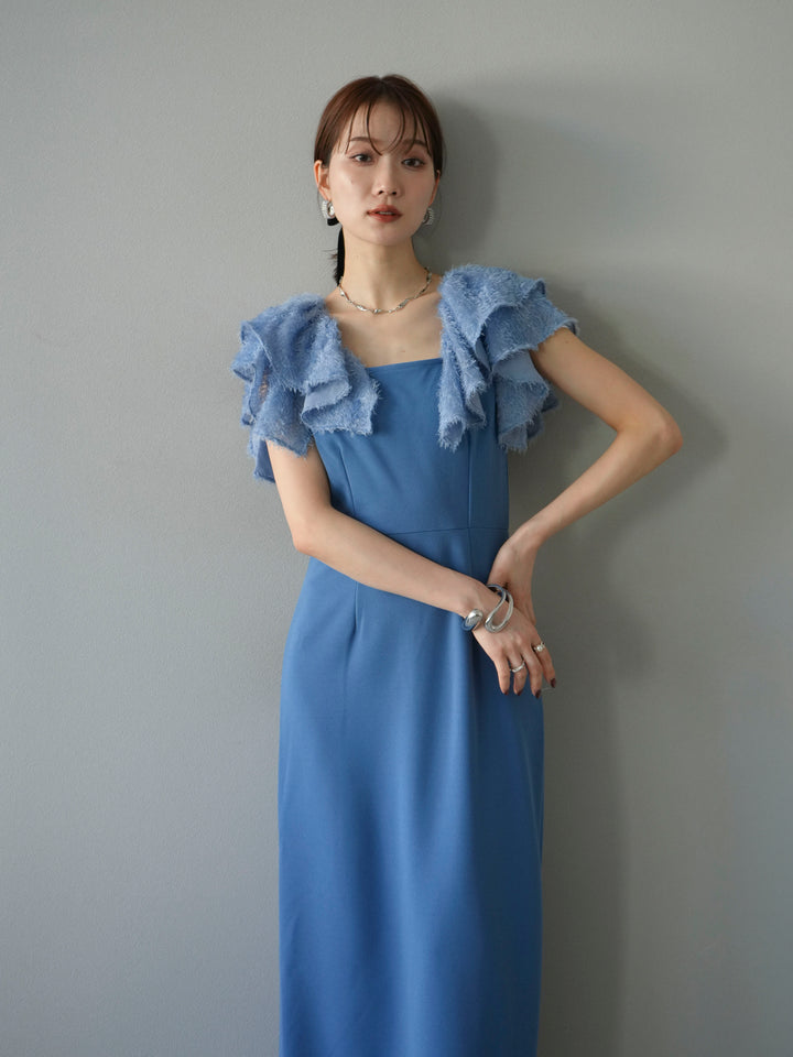 [予約]ジャガードフレアスリーブドレス/ブルー