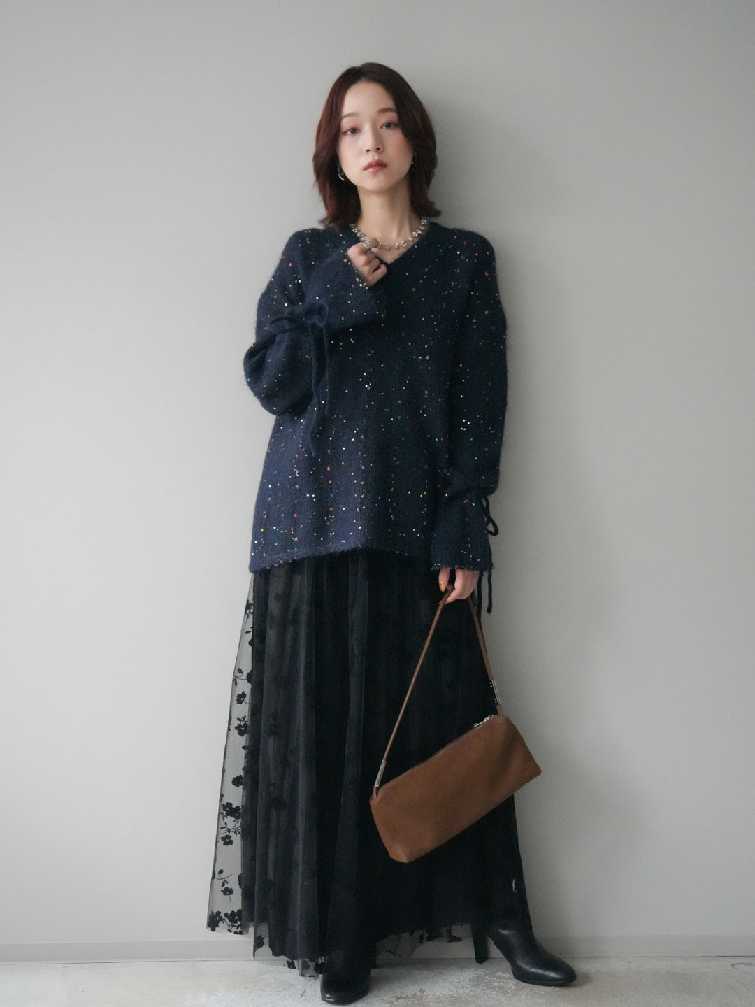 [SET]キャンディースリーブカラーネップスパンコールニットプルオーバー+フラワーフロッキーチュールプリーツスカート(2set)