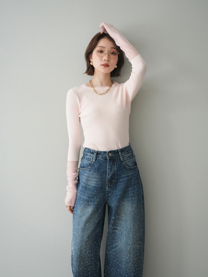 [SET]リブラメシアー切替リブニットトップス+ラインストーンカーブデニムパンツ(2set)