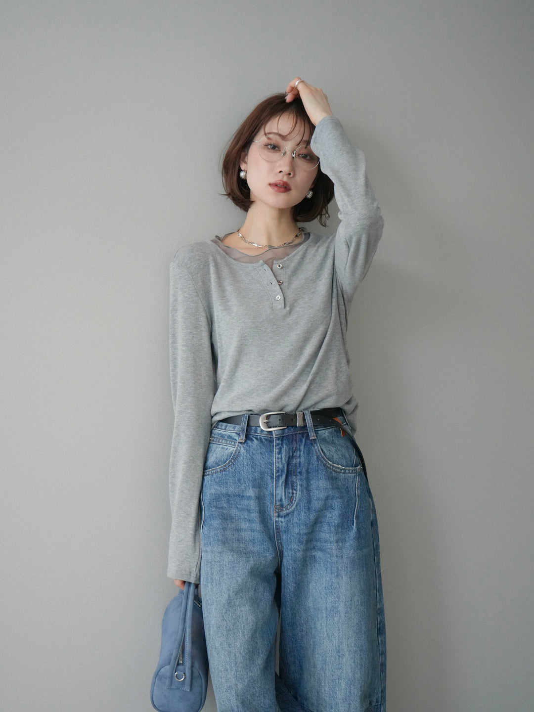 [予約]チュールレイヤードヘンリーネックカットソー/gray