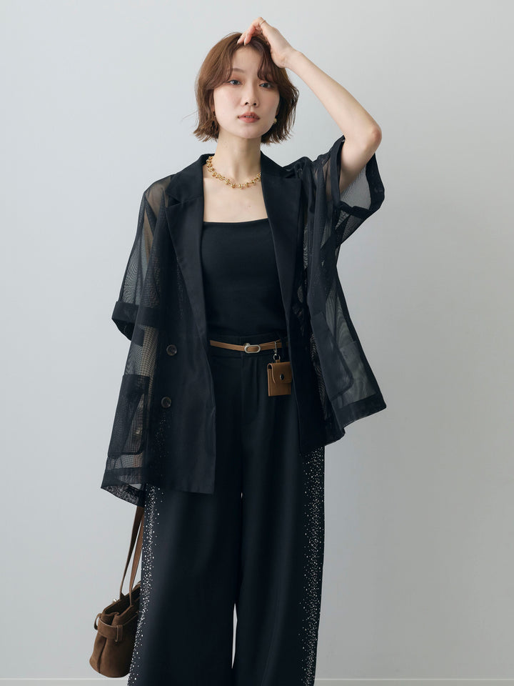 [SET]メッシュハーフWジャケット+カップ付バックレースキャミソール+ポーチベルト付サイドビジュータックワイドパンツ(3set)