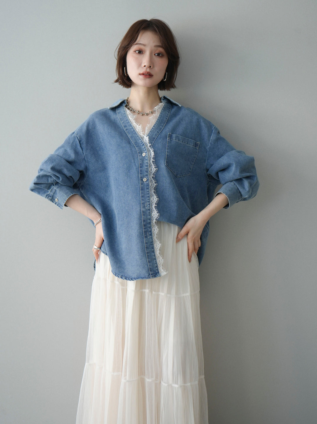 [SET]レースレイヤードデニム開襟シャツ+ラメプリーツレイヤードチュールロングスカート(2set)