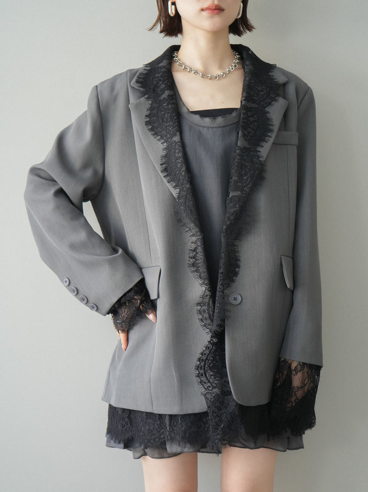 [予約]チュールドッキング裾プリーツミニワンピース/charcoal
