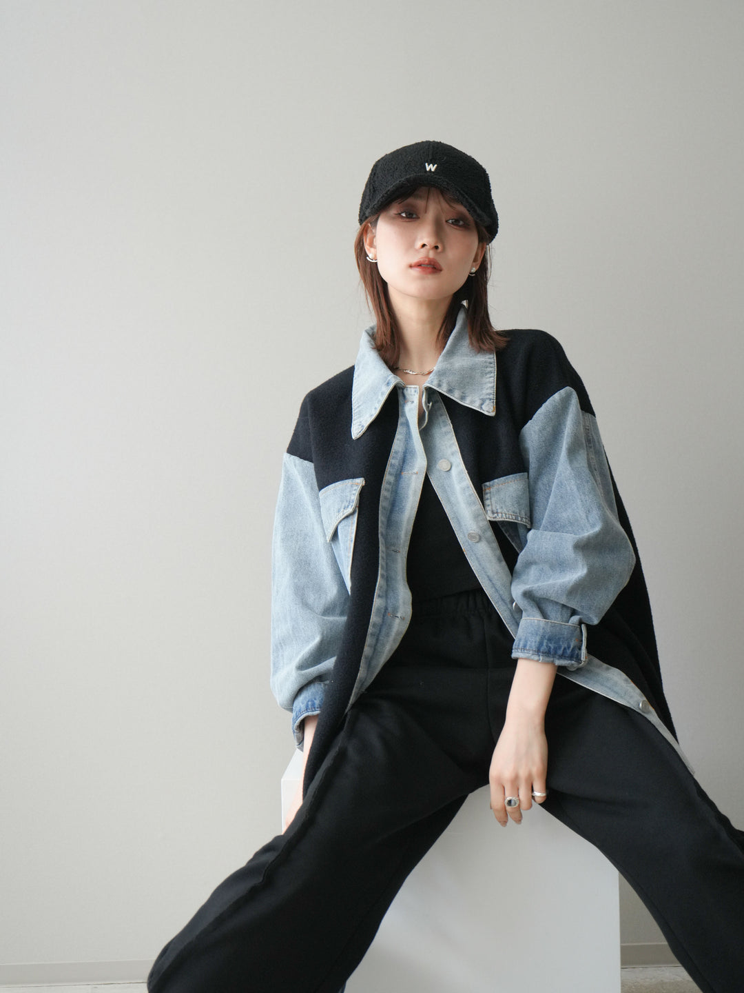 [予約]デニム襟ダブルフェイスニットカーディガン/black