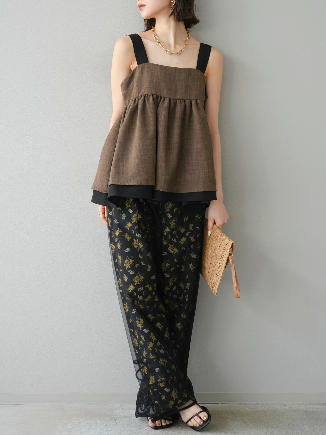 [予約]ブーケプリントタックパンツ/ブラック