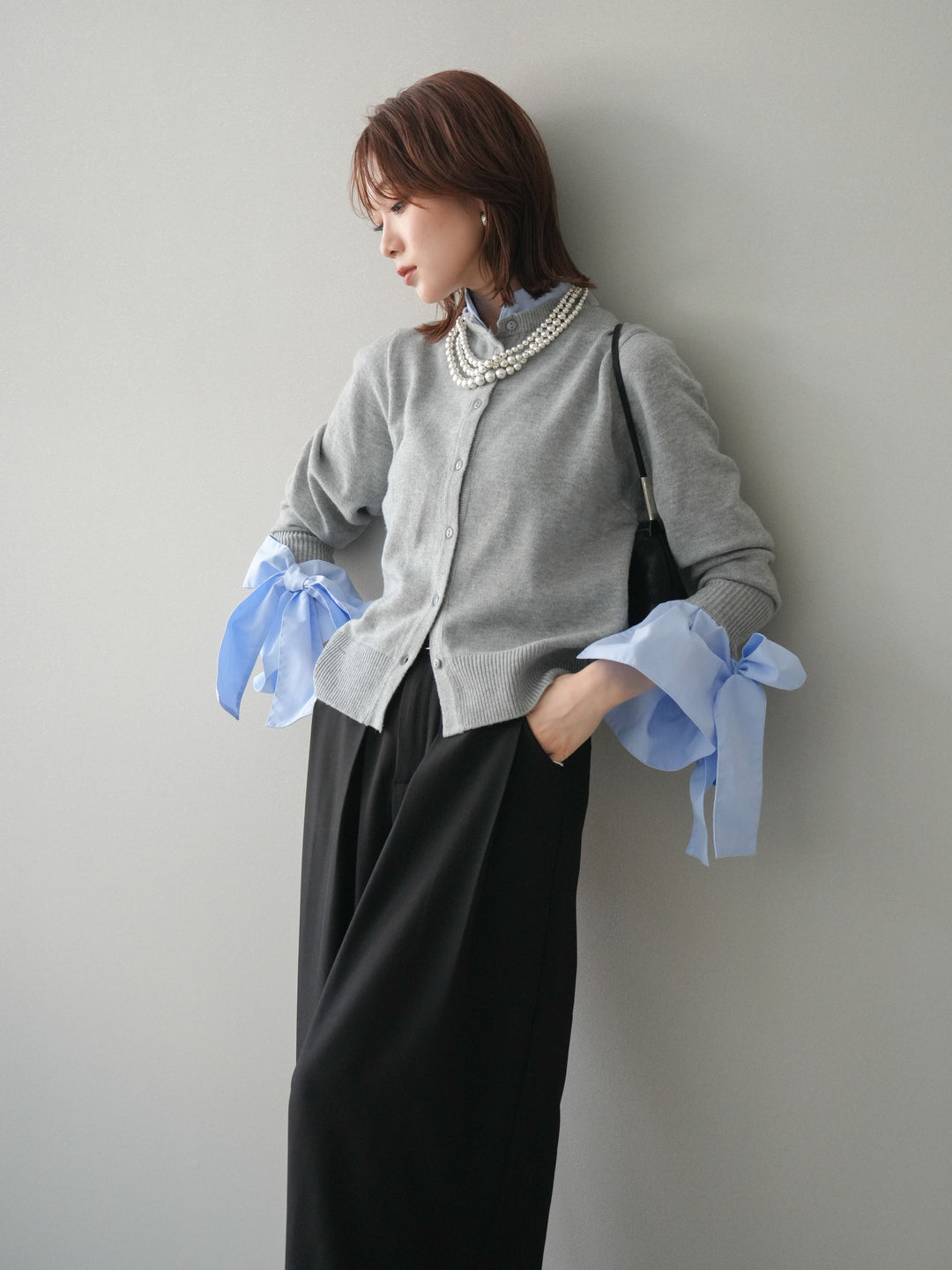 [予約]ウールライクリボンシャツカーディガン/gray