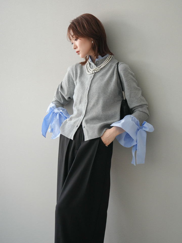 [予約]ウールライクリボンシャツカーディガン/gray
