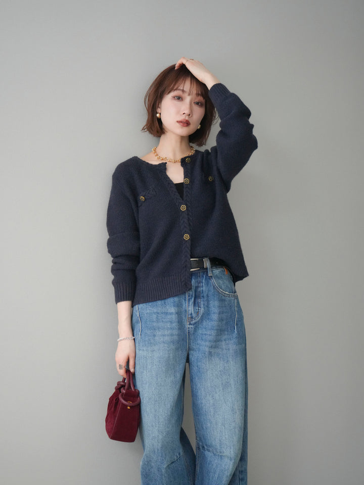 [予約]編みこみアンティークボタンニットカーディガン/navy