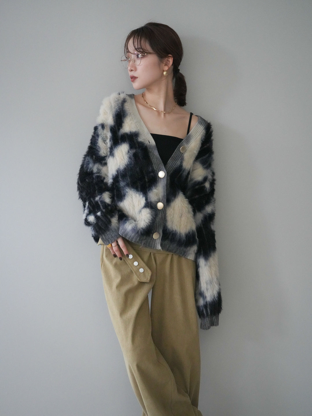 [SET]ニュアンス柄シャギーニットカーディガン+コーデュロイ巻きベルト付きパンツ(2set)