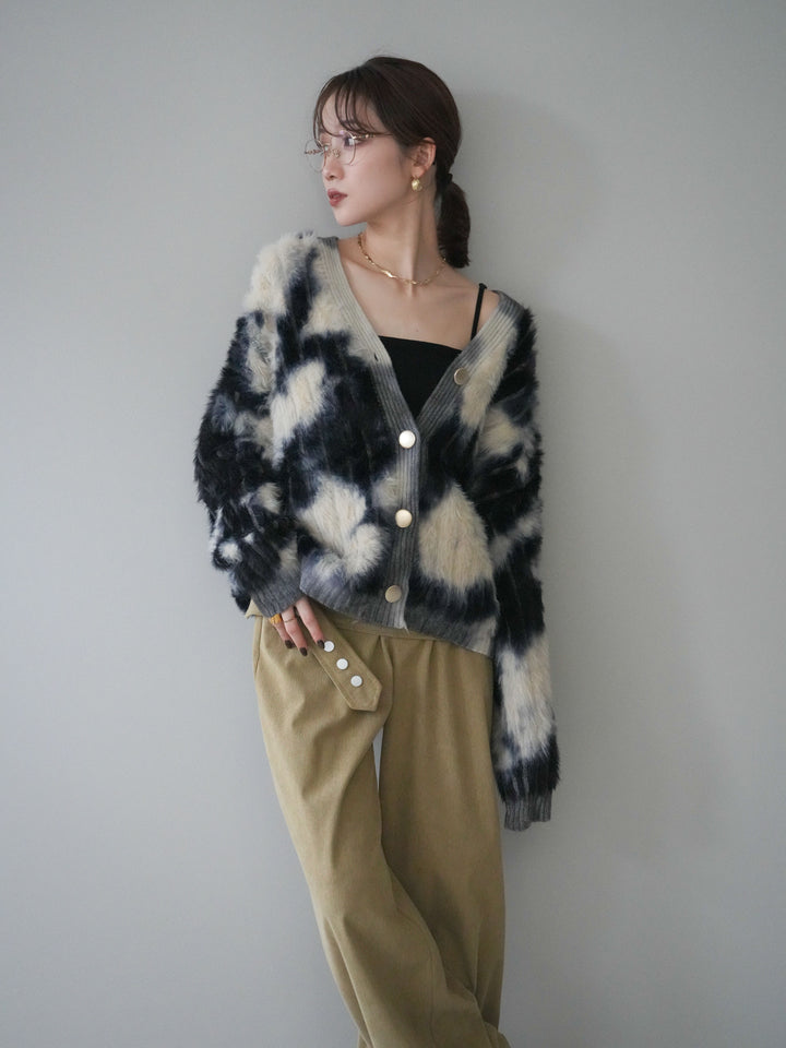 [SET]ニュアンス柄シャギーニットカーディガン+コーデュロイ巻きベルト付きパンツ(2set)