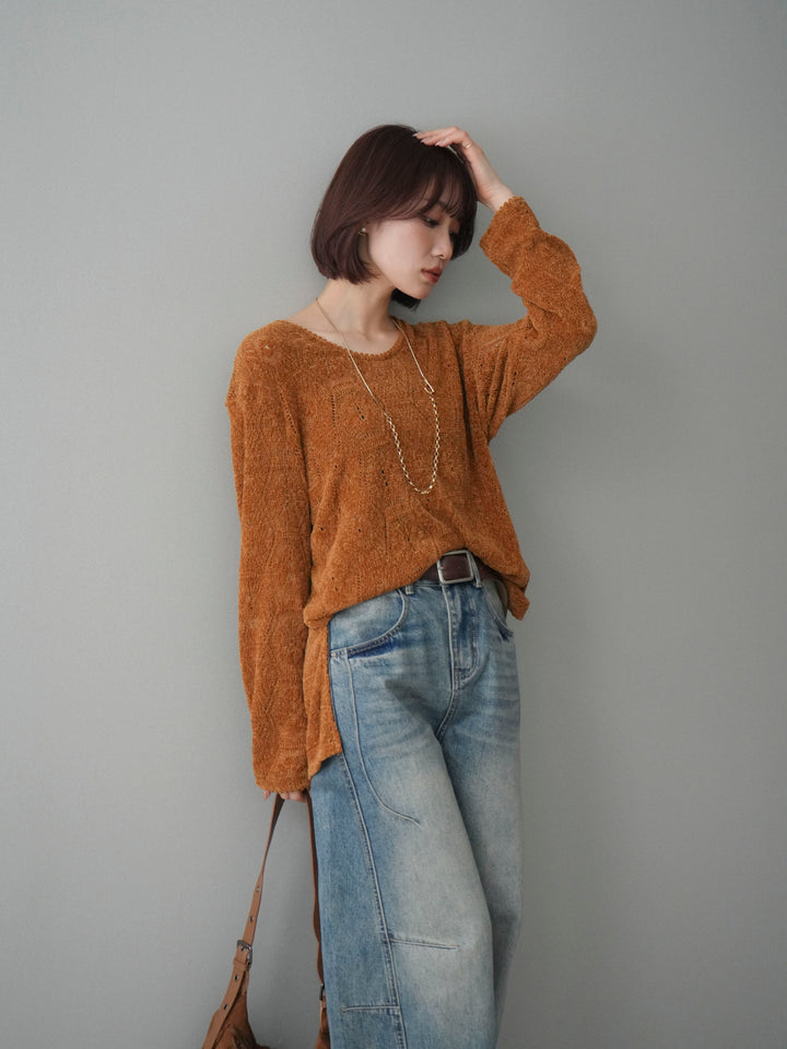 [予約]モール透かし編みニットトップス/camel