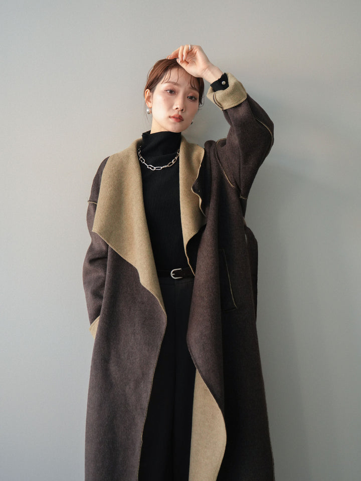 [予約]ダブルフェイスバイカラーロングコート/khaki
