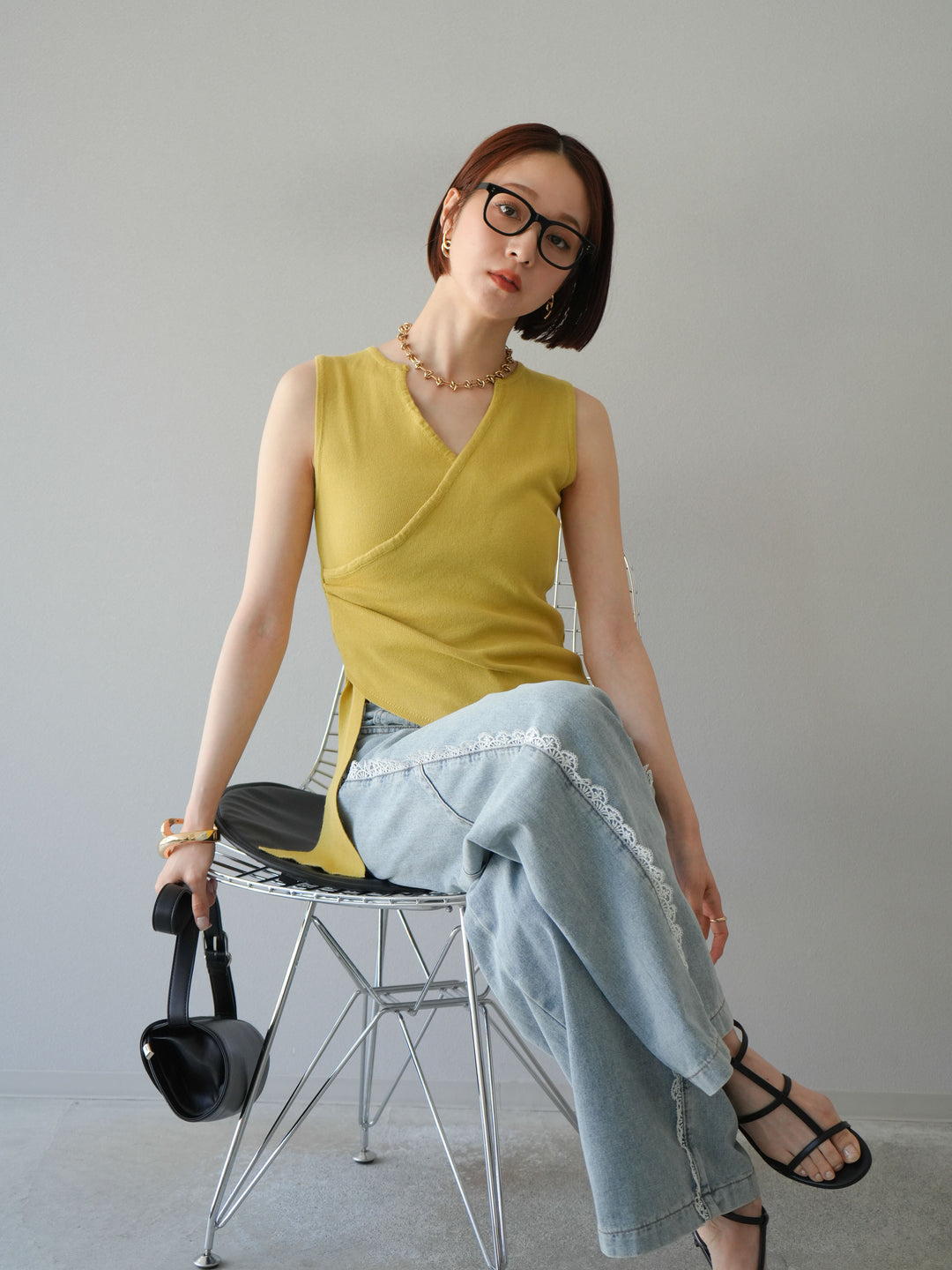 [SET]カシュクールノースリーブニットトップス+ラインレースデニムパンツ(2set)