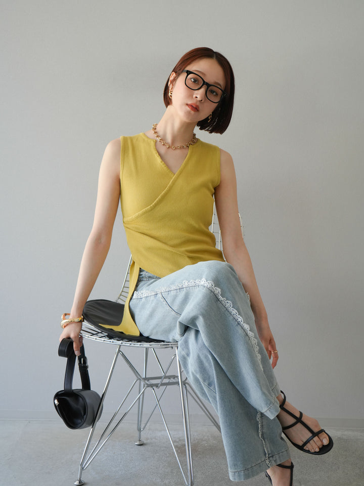 [SET]カシュクールノースリーブニットトップス+ラインレースデニムパンツ(2set)