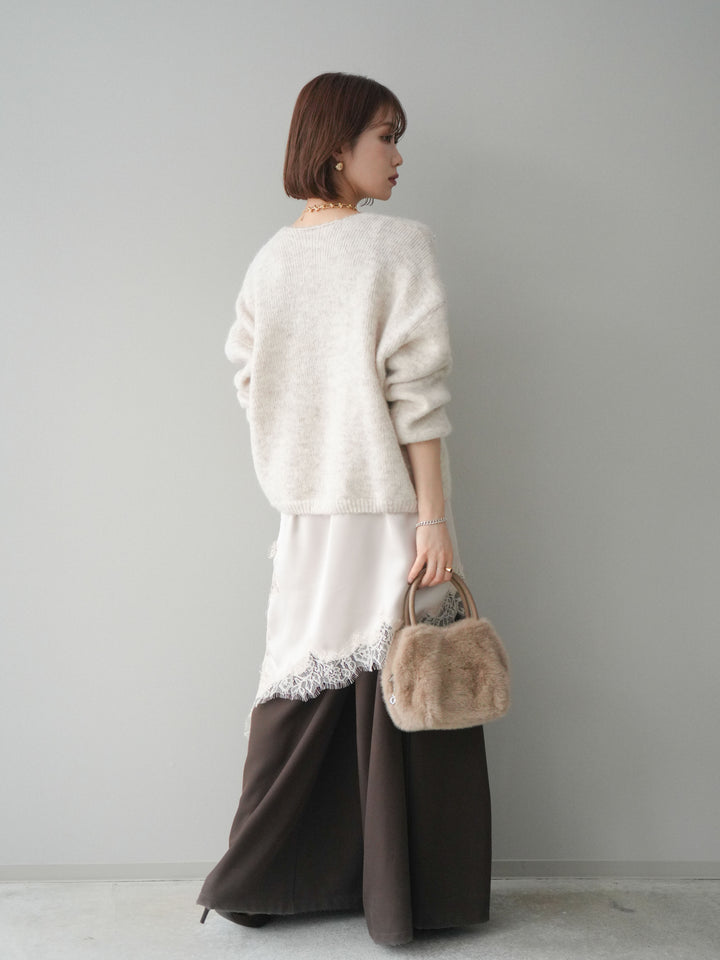 [SET]パール×ビジューVネックニットプルオーバー+アシンメトリーサテンレースキャミソール+テープベルトタックバギーパンツ(3set)