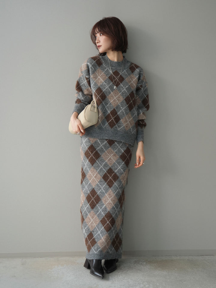 [SET]アーガイルニットプルオーバー&ロングスカートSET UP+選べるアクセセット(2set)