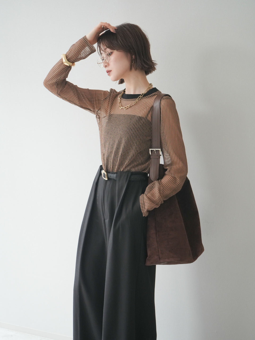 [SET]シアーストライプメッシュトップス+ドレープタックベルトループパンツ(2set)