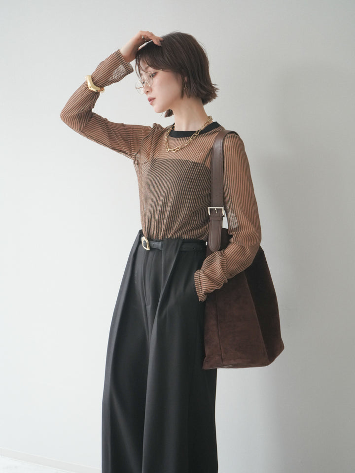 [SET]シアーストライプメッシュトップス+ドレープタックベルトループパンツ(2set)