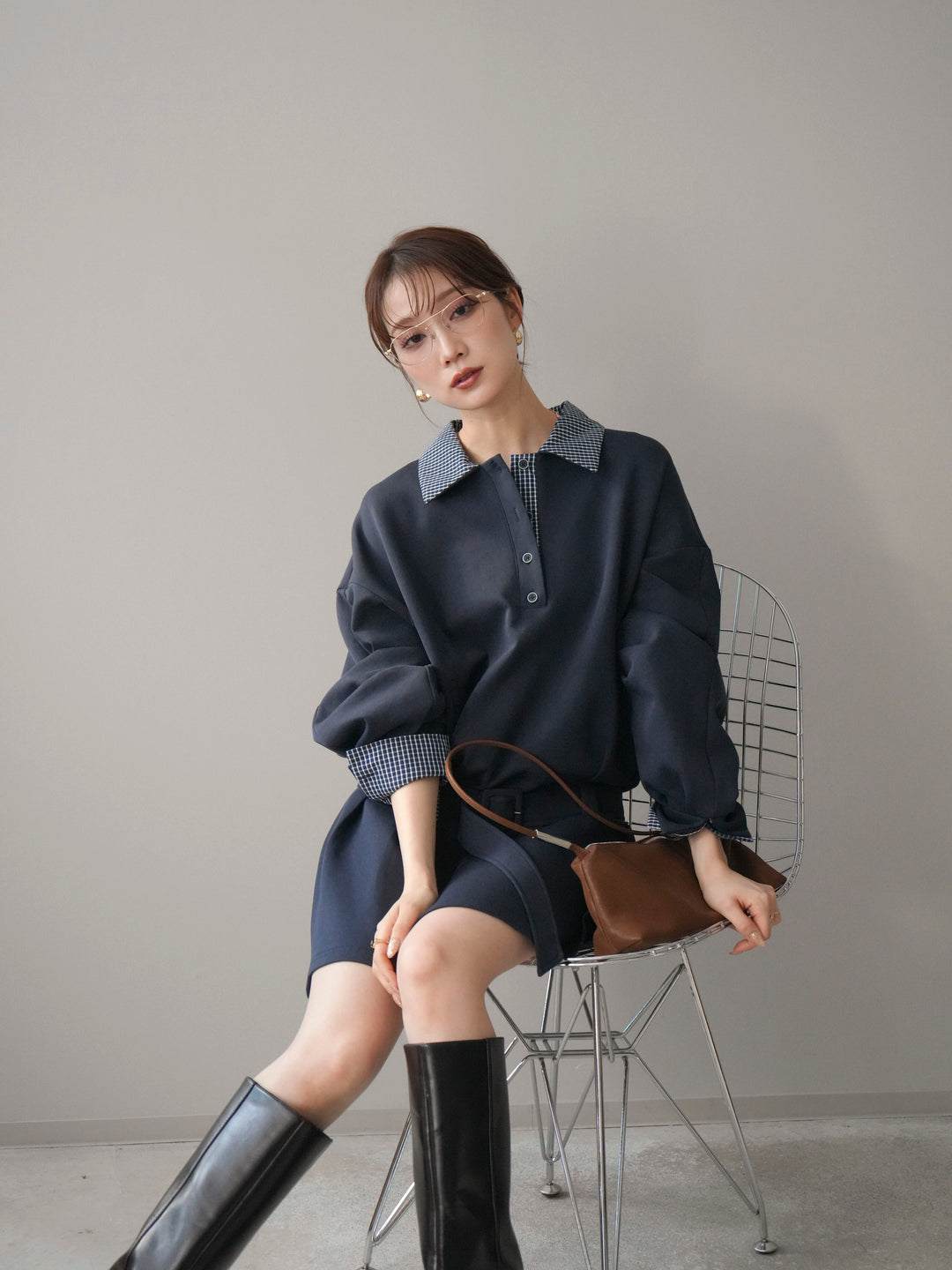 [予約]チェック襟xスエットミニワンピース/blue