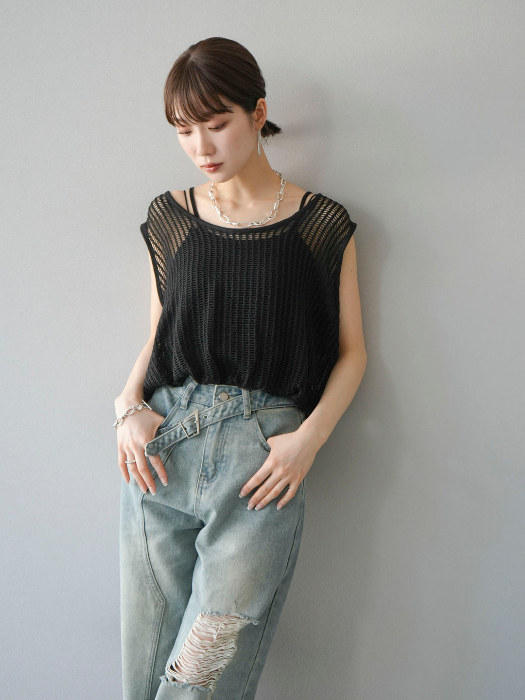 [Pre-order] Mesh knit balloon top/black