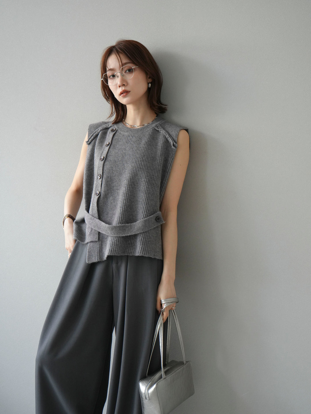 [予約]レイヤードボタンニットベスト/グレー