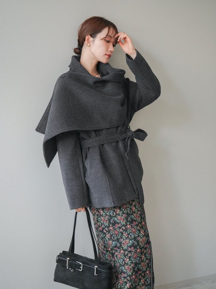 [予約]ストールデザインショートコート/charcoal