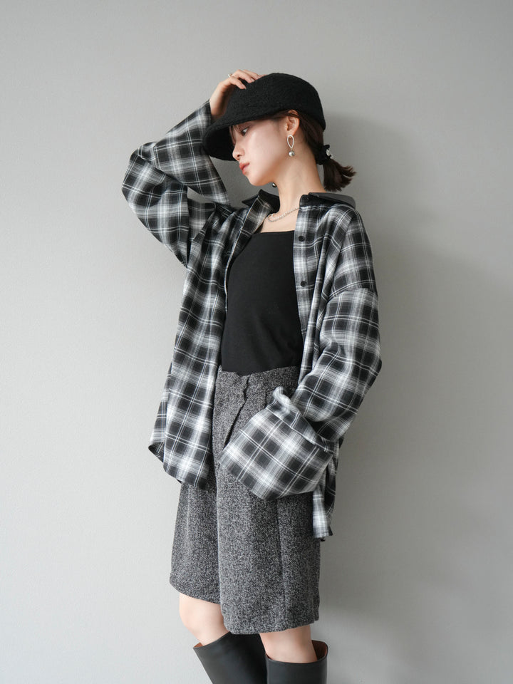 【着回しセット】[SET]レザー襟オンブレチェックオーバーシャツ +クラッシュベロアナロースカート+ツイードハーフパンツ(3set)