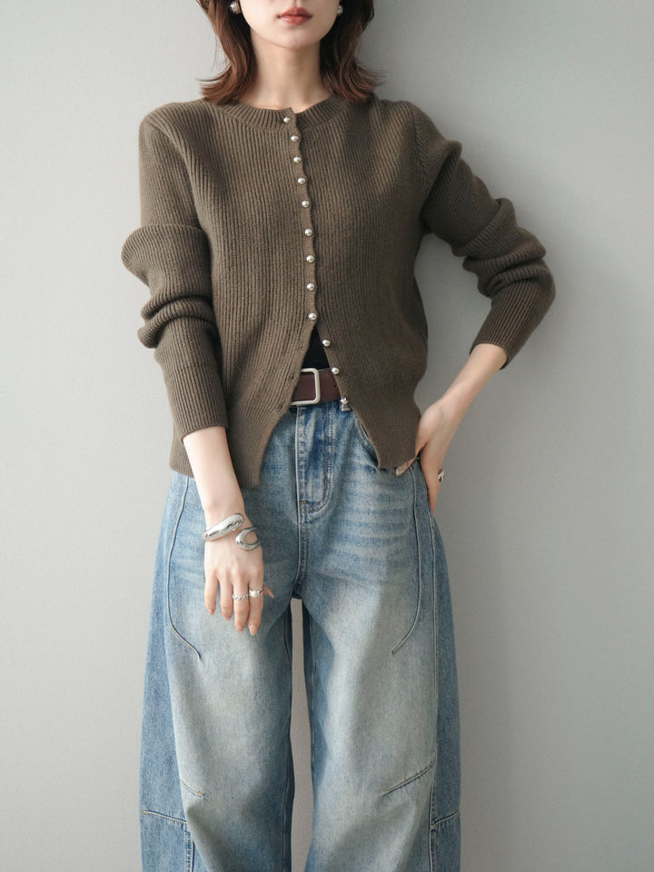 [SET]シルバーボタン畦編みニットカーディガン+ベルト付カーブデニムパンツ(2set)