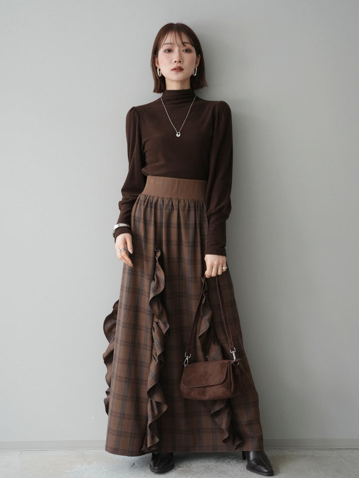 [SET]プチネックパワーショルダー起毛トップス+チェック柄フリルハイウエストマキシスカート(2set)
