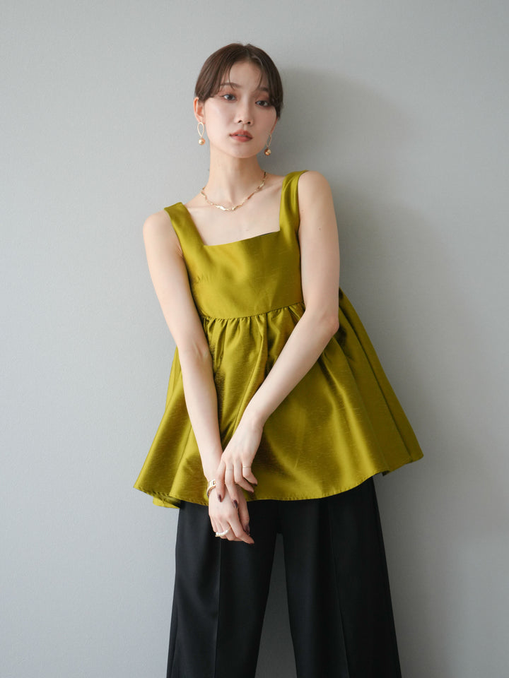 [予約]サテンフレアノースリーブトップス/グリーン