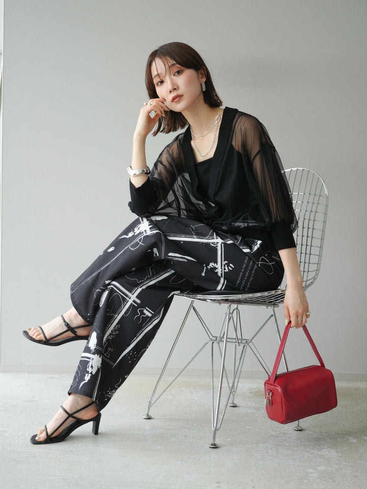 [SET] 透視半袖褶皺開襟衫 + 彩繪圖案褶襉褲 (2set)