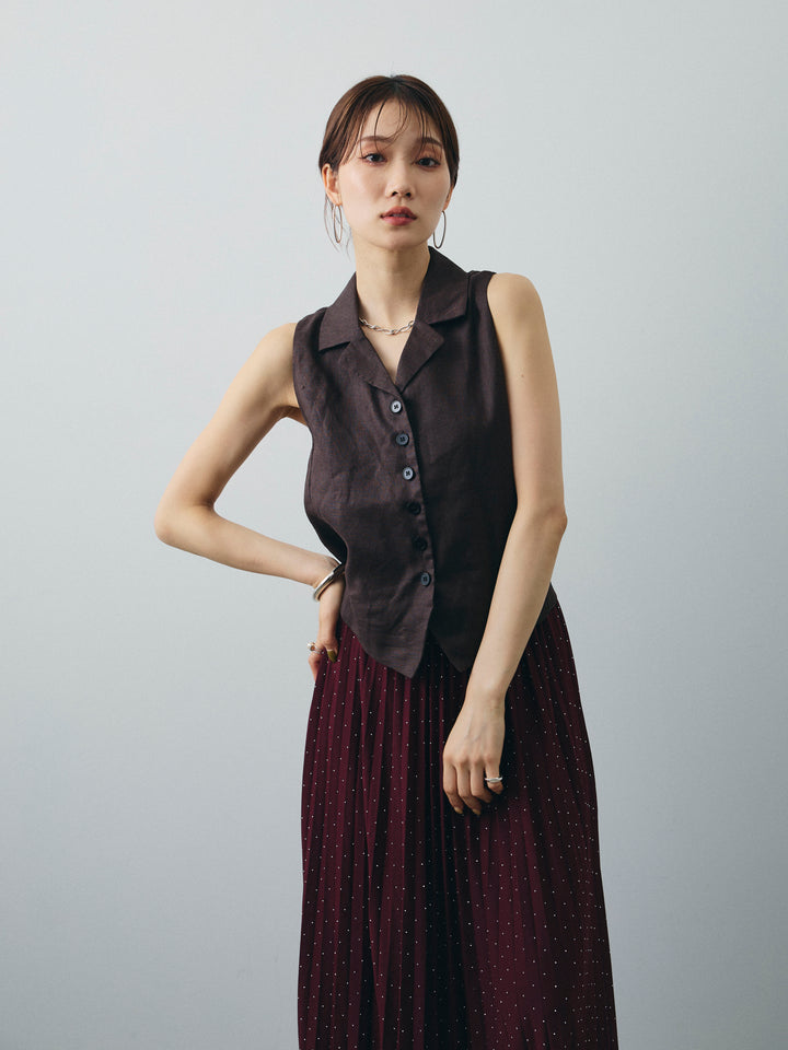 [SET]リネンライクテーラードジレ+ラインストーンプリーツスカート(2set)