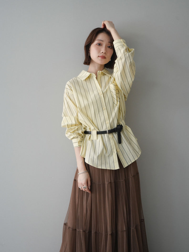 [予約]ベルト付ストライプロングシャツ/yellow