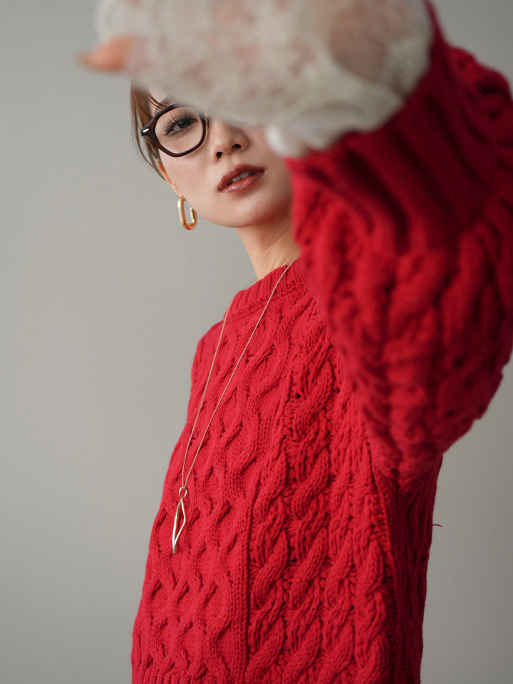 [SET]バルキーケーブルクロップドニットプルオーバー+チュールレーストップス+裏起毛裾フリンジワイドデニムパンツ(3set)