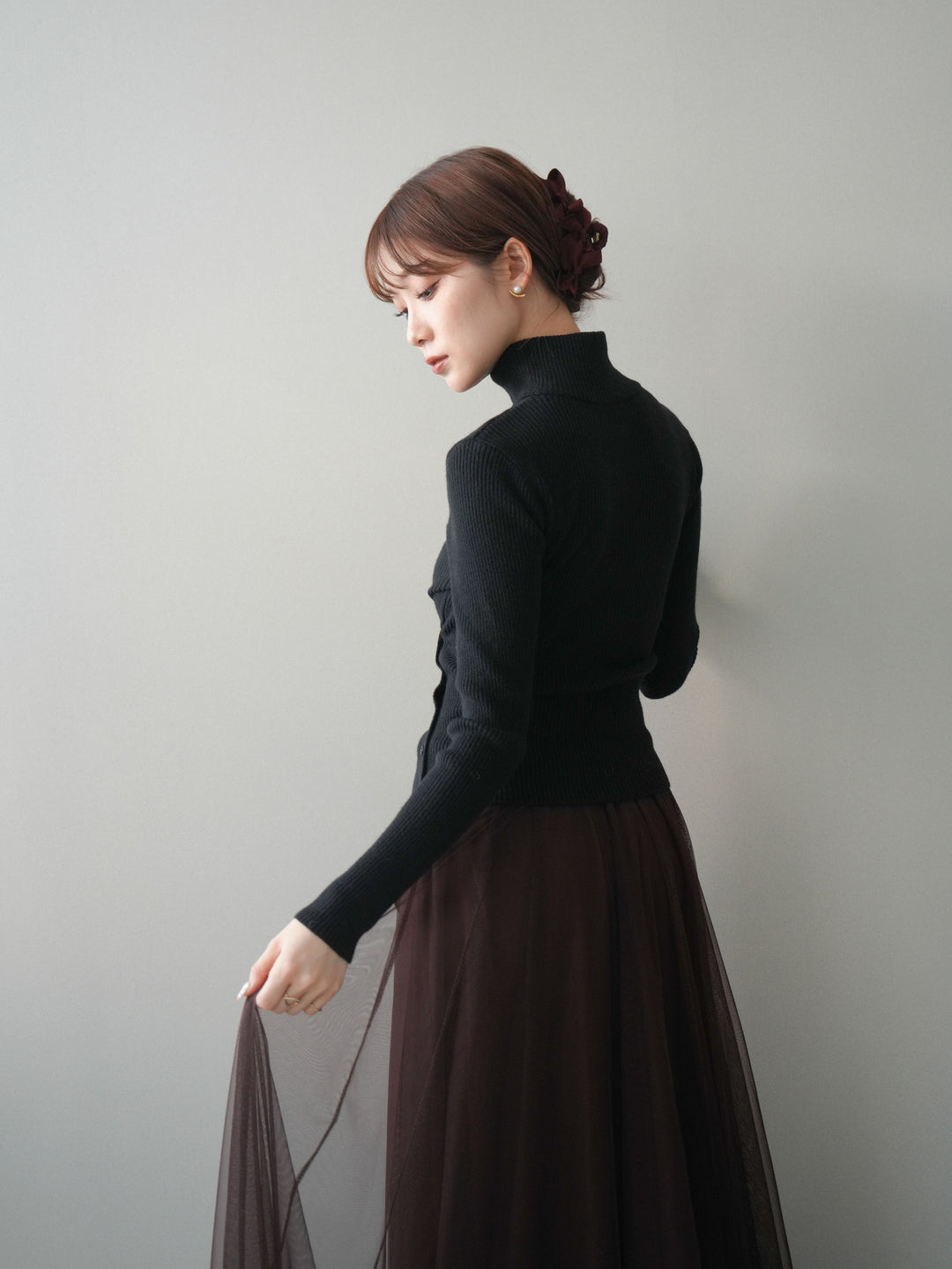 [予約]クロスデザインボトルネックリブニットトップス/black