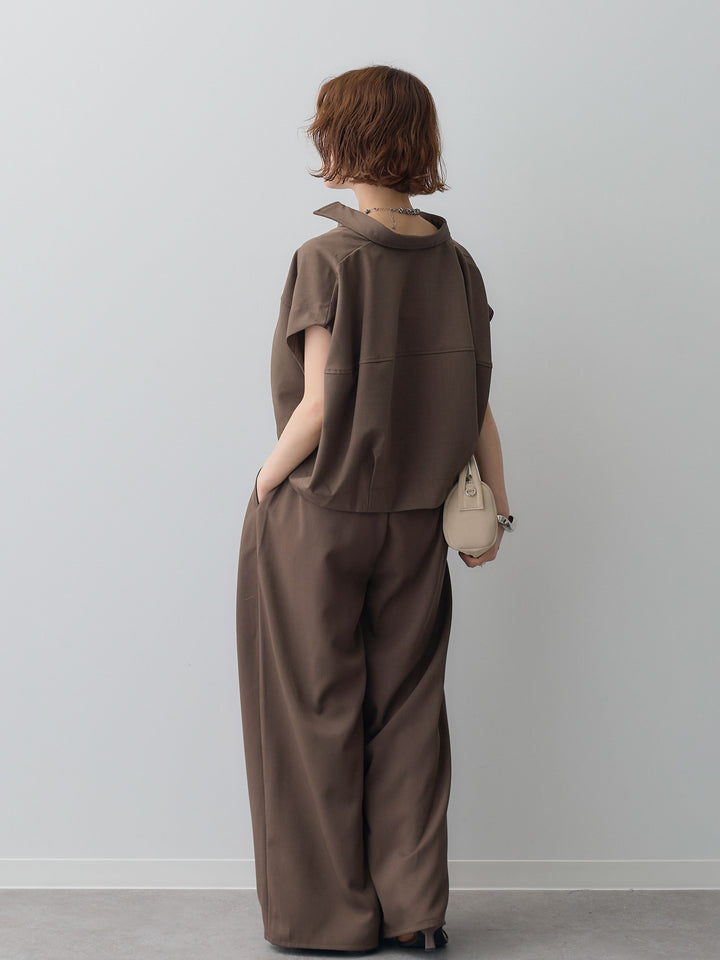 【套裝】縐綢燈籠無袖襯衫 + 縐綢闊腿褲（兩件套）